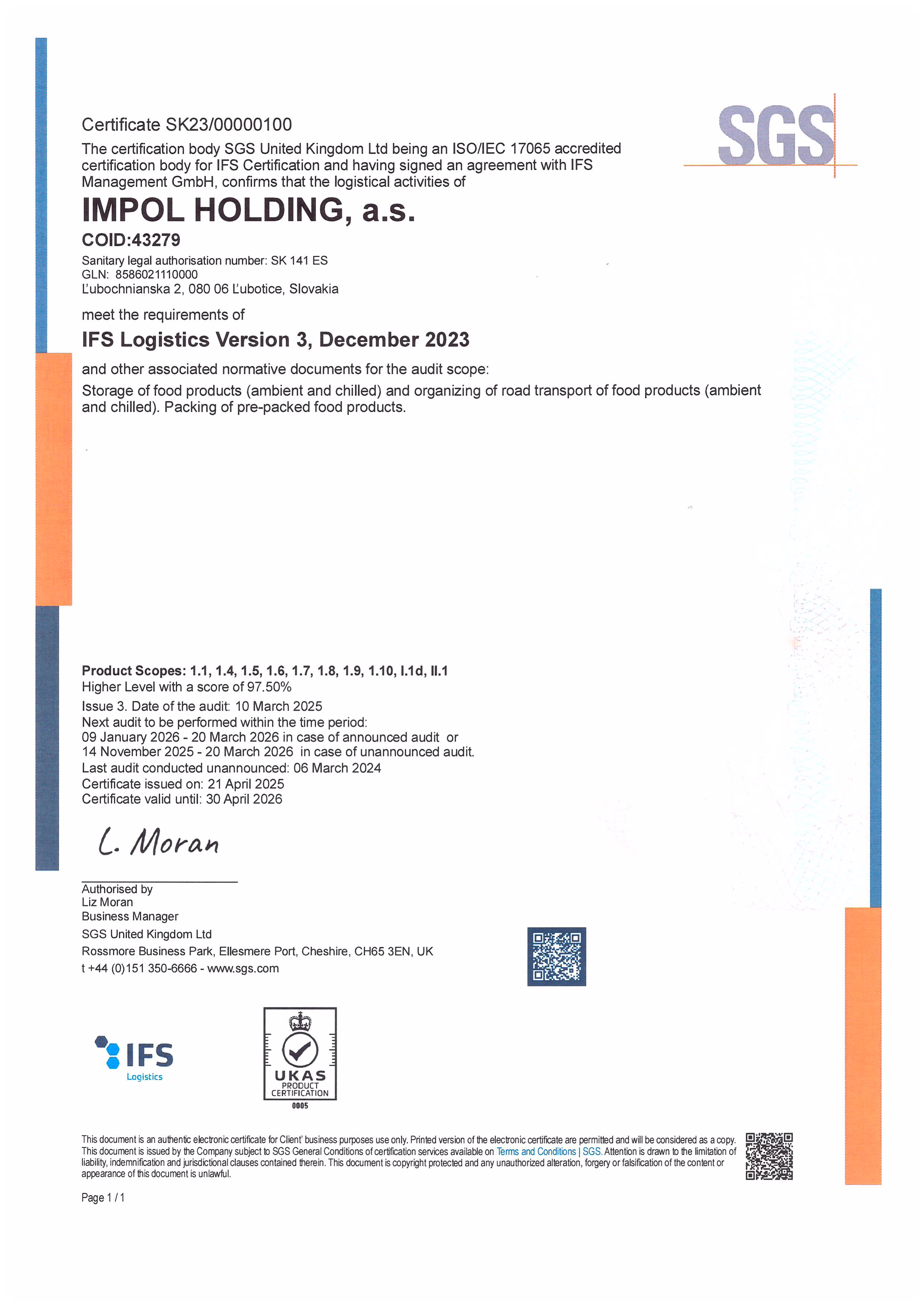 Certifikát SGS